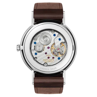 NOMOS Ludwig 38 mechanical watch white enamel dial sapphire back brown leather strap 37,5 mm 237
