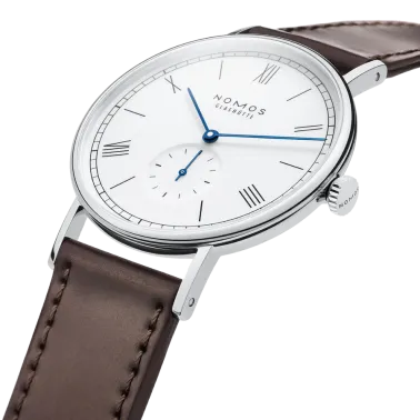 NOMOS Ludwig 38 mechanical watch white enamel dial brown leather strap 37,5 mm 236
