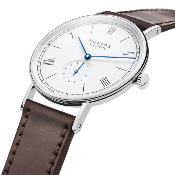 Montre NOMOS Ludwig 38 mécanique cadran blanc émail bracelet cuir brun 37,5 mm 236