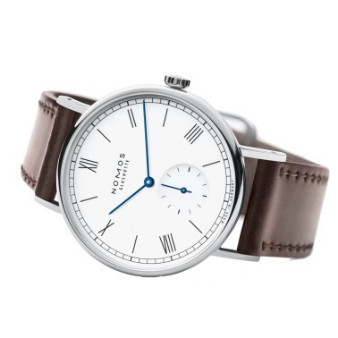 Montre NOMOS Ludwig 38 mécanique cadran blanc émail bracelet cuir brun 37,5 mm 236