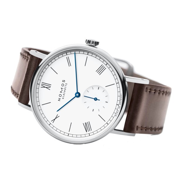 Montre NOMOS Ludwig 38 mécanique cadran blanc émail bracelet cuir brun 37,5 mm 236