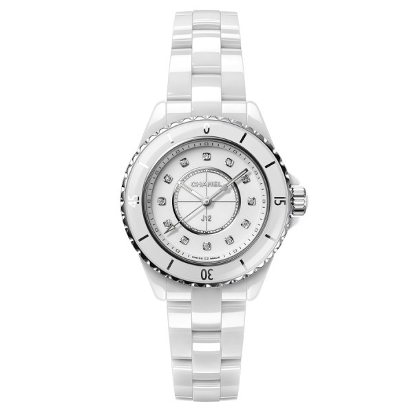 Montre CHANEL J12 cadran blanc index diamants bracelet céramique haute résistance blanche 33 mm H5703