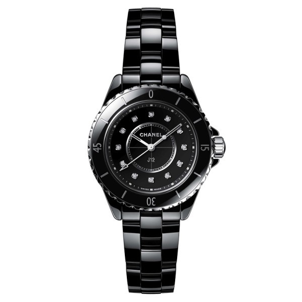 Montre CHANEL J12 cadran noir index diamants bracelet céramique haute résistance noire 33 mm H5701