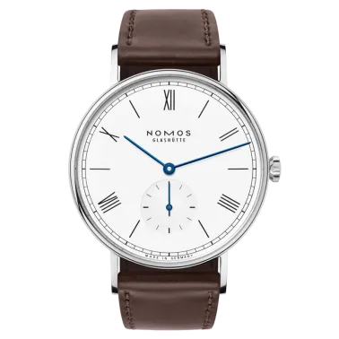 NOMOS Ludwig 38 mechanical watch white enamel dial sapphire back brown leather strap 37,5 mm 237