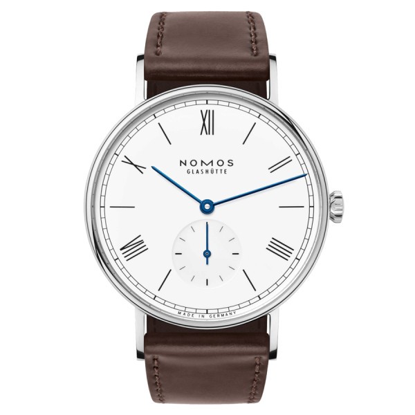 Montre NOMOS Ludwig 38 mécanique cadran blanc émail fond saphir bracelet cuir brun 37,5 mm 237