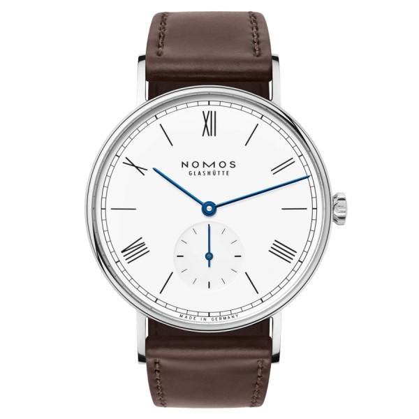 NOMOS Ludwig 38 mechanical watch white enamel dial sapphire back brown leather strap 37,5 mm 237