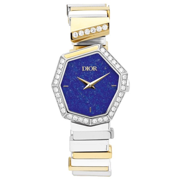 Montre Dior Gem cadran bleu 27 mm bracelet acier or jaune diamants et lapis-lazuli 14,5 cm CD18112X1001