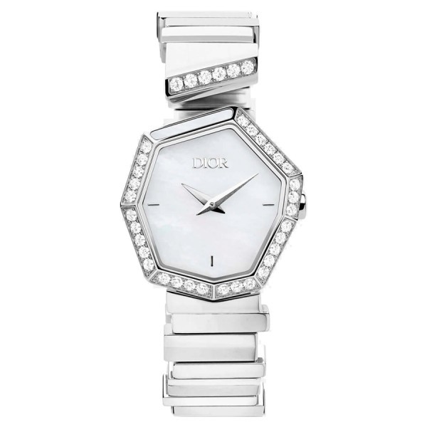Montre Dior Gem cadran blanc 27 mm bracelet acier diamants et nacre blanche 16,5 cm CD18111X1008 