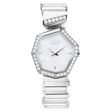 Montre Dior Gem cadran blanc 27 mm bracelet acier diamants et nacre blanche 13,5 cm CD18111X1004