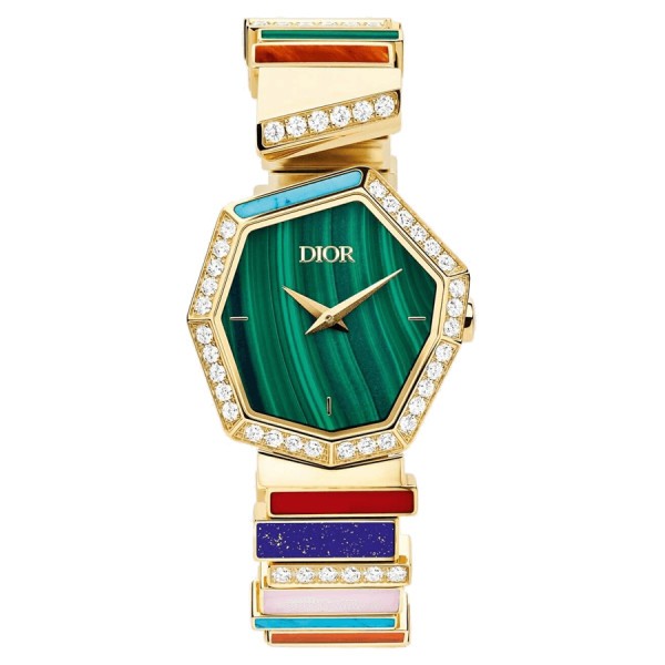 Dior Gem quartz watch green dial 27 mm bracelet yellow gold diamonds and ornamental stones 15,5 cm CD18115X1006