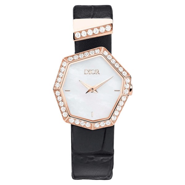 Montre Dior Gem quartz cadran nacre blanche 27 mm bracelet or rose diamants 15,5 cm CD18117X1003