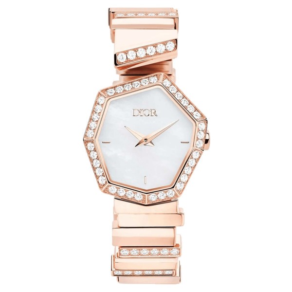 Dior Gem quartz watch white mother-of-pearl dial 27 mm pink gold diamond bracelet 16.5 cm CD18117X1004