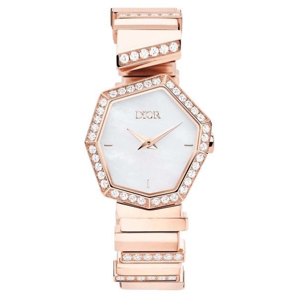 Montre Dior Gem quartz cadran nacre blanche 27 mm bracelet or rose diamants 16,5 cm CD18117X1004