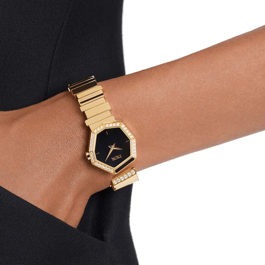 Dior Gem quartz watch black dial 27 mm yellow gold diamond bracelet 15,5 cm CD18115X1005