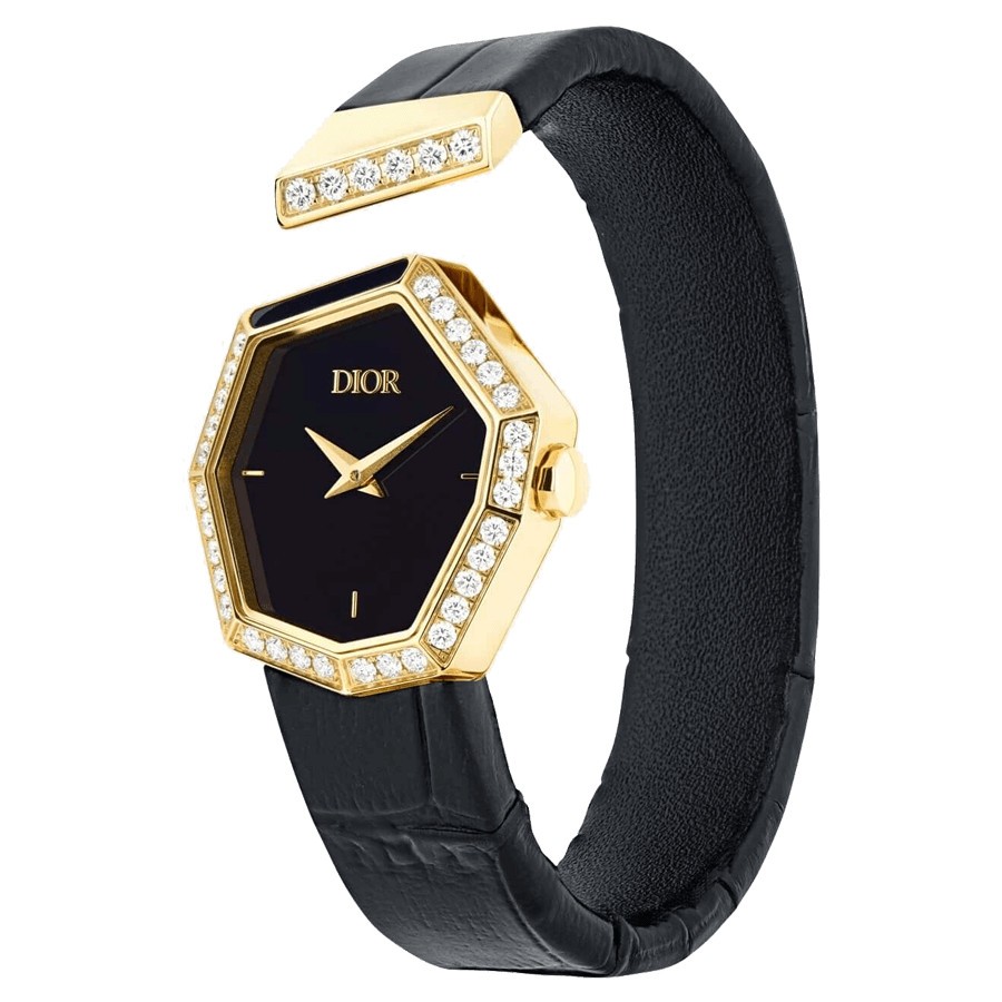 Dior Gem quartz watch black dial 27 mm yellow gold diamond bracelet 15,5 cm CD18115X1005