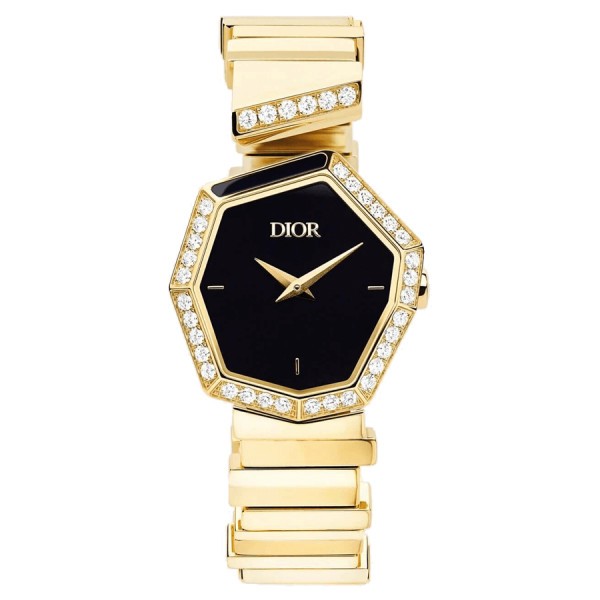 Montre Dior Gem quartz cadran noir 27 mm bracelet or jaune diamants 16,5 cm CD18115X1007
