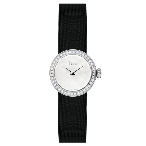 Mini D de Dior quartz watch white mother-of-pearl dial black satin strap 19 mm CD040110A001
