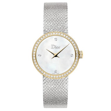 Montre D de Dior Satine quartz cadran nacre blanche lunette sertie 25 mm CD047121M001