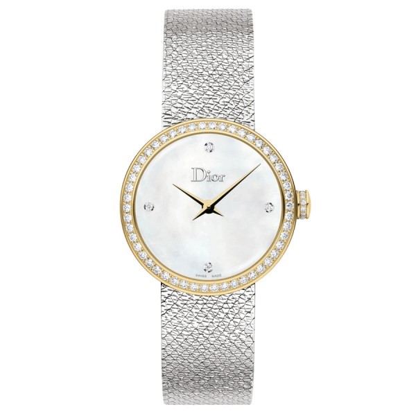 Montre D de Dior Satine quartz cadran nacre blanche lunette sertie 25 mm CD047121M001