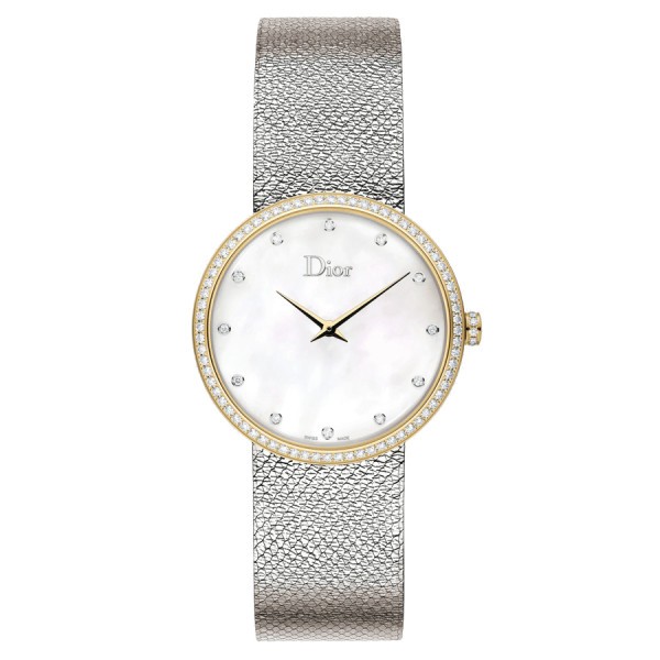 Montre D de Dior Satine quartz cadran nacre blanche lunette sertie 36 mm CD043120M001