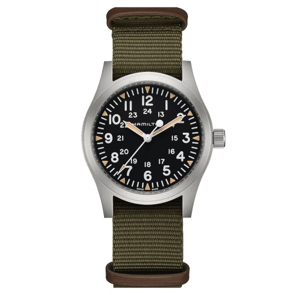Hamilton Khaki Field mechanical watch with manual winding black dial green textile strap 42 mm H69529933