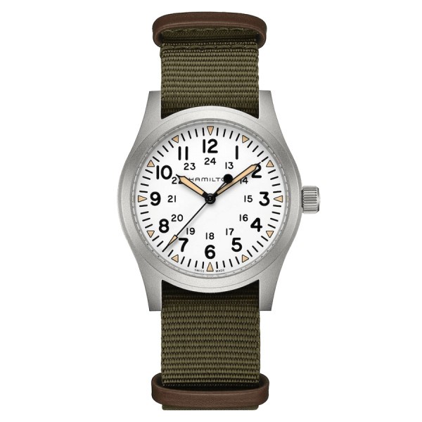 Hamilton Khaki Field mechanical watch with manual winding white dial green textile strap 42 mm H69529913