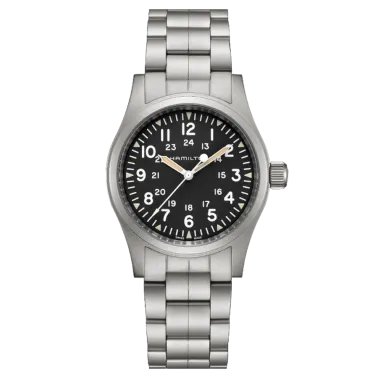 Montre Hamilton Khaki Field mécanique à remontage manuel cadran noir bracelet acier 42 mm H69529133