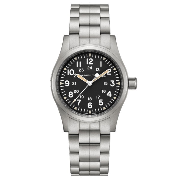Hamilton Khaki Field mechanical watch with manual winding black dial steel bracelet 42 mm H69529133