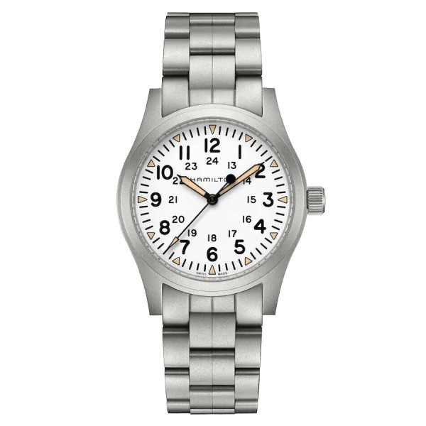Hamilton Khaki Field mechanical watch with manual winding white dial steel bracelet 42 mm H69529113