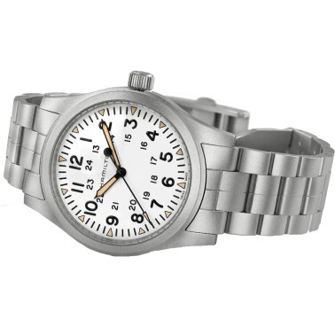 Hamilton Khaki Field mechanical watch with manual winding white dial steel bracelet 42 mm H69529113