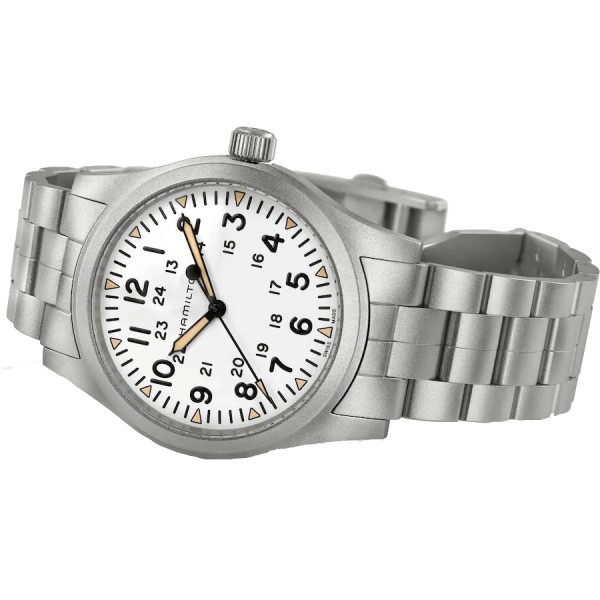 Hamilton Khaki Field mechanical watch with manual winding white dial steel bracelet 42 mm H69529113