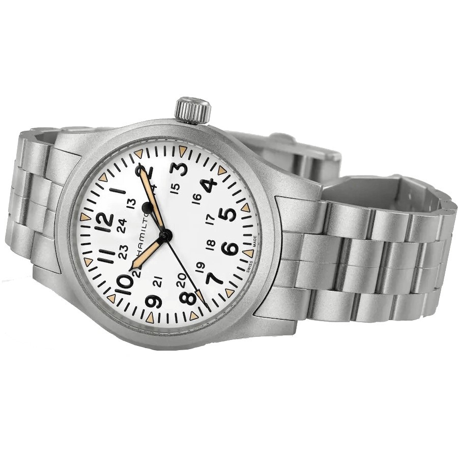 Hamilton Khaki Field mechanical watch with manual winding white dial steel bracelet 42 mm H69529113