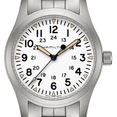Hamilton Khaki Field mechanical watch with manual winding white dial steel bracelet 42 mm H69529113