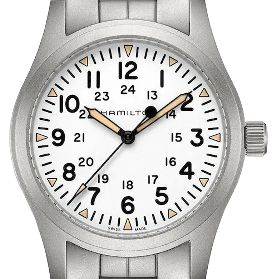 Hamilton Khaki Field mechanical watch with manual winding white dial steel bracelet 42 mm H69529113