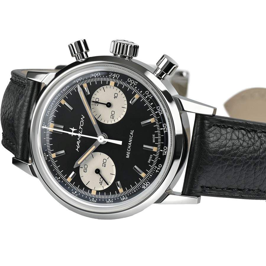 Hamilton Intra-Matic mechanical chronograph watch with manual winding black dial black leather strap 40 mm H38429730