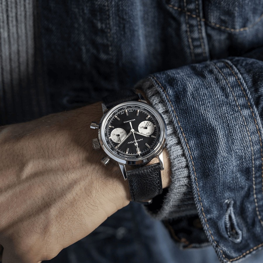 Hamilton Intra-Matic mechanical chronograph watch with manual winding black dial black leather strap 40 mm H38429730