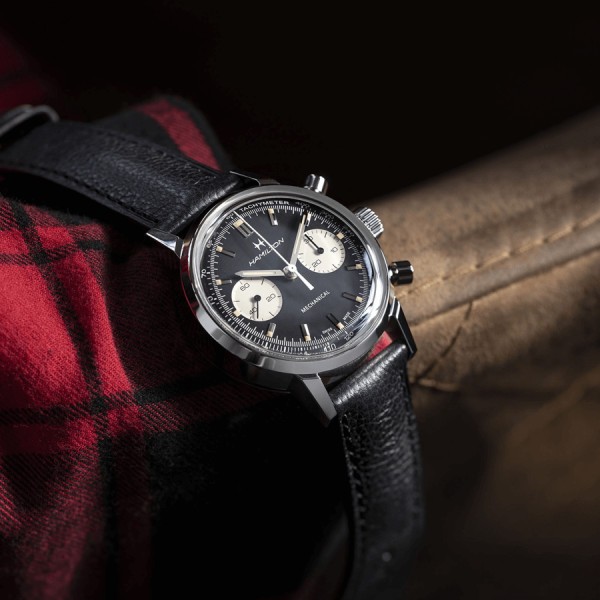 Hamilton Intra-Matic mechanical chronograph watch with manual winding black dial black leather strap 40 mm H38429730