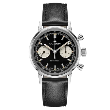 Montre Hamilton Intra-Matic mécanique chronographe à remontage manuel cadran noir bracelet cuir noir 40 mm H38429730