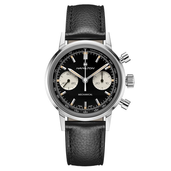 Hamilton Intra-Matic mechanical chronograph watch with manual winding black dial black leather strap 40 mm H38429730