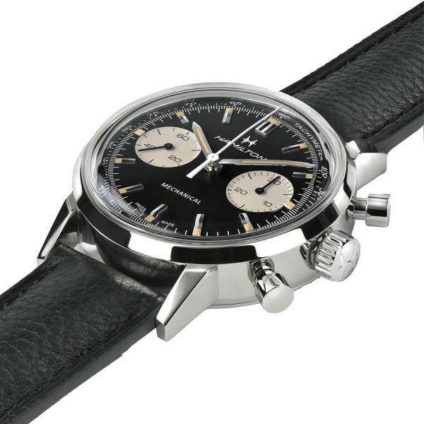 Hamilton Intra-Matic mechanical chronograph watch with manual winding black dial black leather strap 40 mm H38429730
