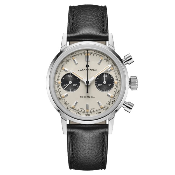 Montre Hamilton Intra-Matic mécanique chronographe à remontage manuel cadran blanc bracelet cuir noir 40 mm H38429710