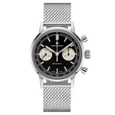 Hamilton Intra-Matic mechanical chronograph watch with manual winding black dial steel bracelet 40 mm H38429130