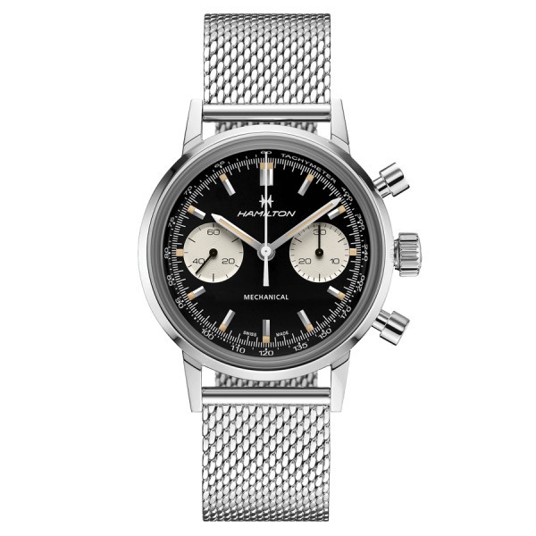 Hamilton Intra-Matic mechanical chronograph watch with manual winding black dial steel bracelet 40 mm H38429130
