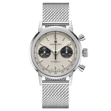 Hamilton Intra-Matic mechanical chronograph watch with manual winding white dial steel bracelet 40 mm H38429110