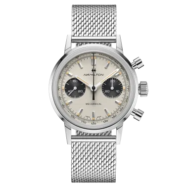Montre Hamilton Intra-Matic mécanique chronographe à remontage manuel cadran blanc bracelet acier 40 mm H38429110