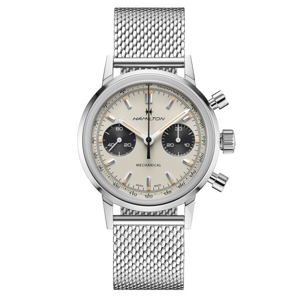 Hamilton Intra-Matic mechanical chronograph watch with manual winding white dial steel bracelet 40 mm H38429110