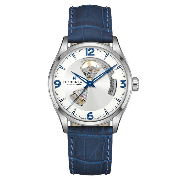 Hamilton Jazzmaster Open Heart automatic watch silver dial blue leather strap 42 mm H32705651