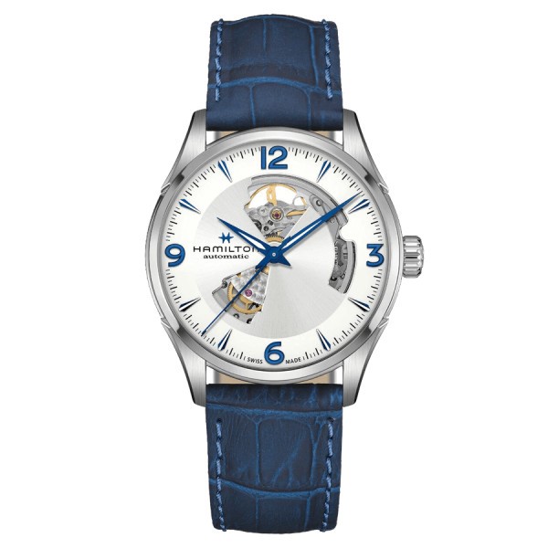 Montre Hamilton Jazzmaster Open Heart automatique cadran argent bracelet cuir bleu 42 mm H32705651