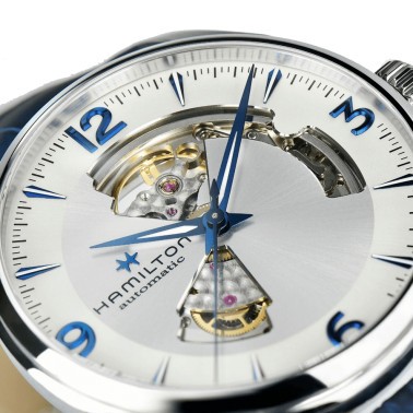 Hamilton Jazzmaster Open Heart automatic watch silver dial blue leather strap 42 mm H32705651