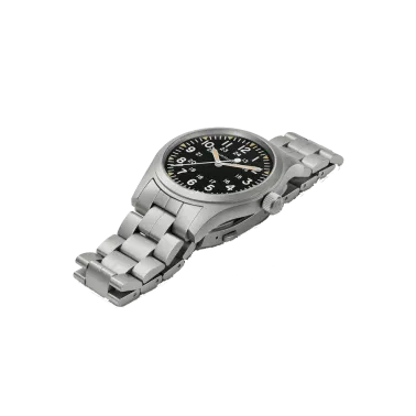 Montre Hamilton Khaki Field mécanique à remontage manuel cadran noir bracelet acier 42 mm H69529133